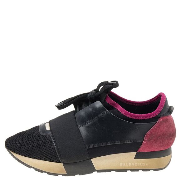 Balenciaga Black/Fuchsia Leather And Mesh Race Runner Sneakers Size 37 - Picture 2 of 4